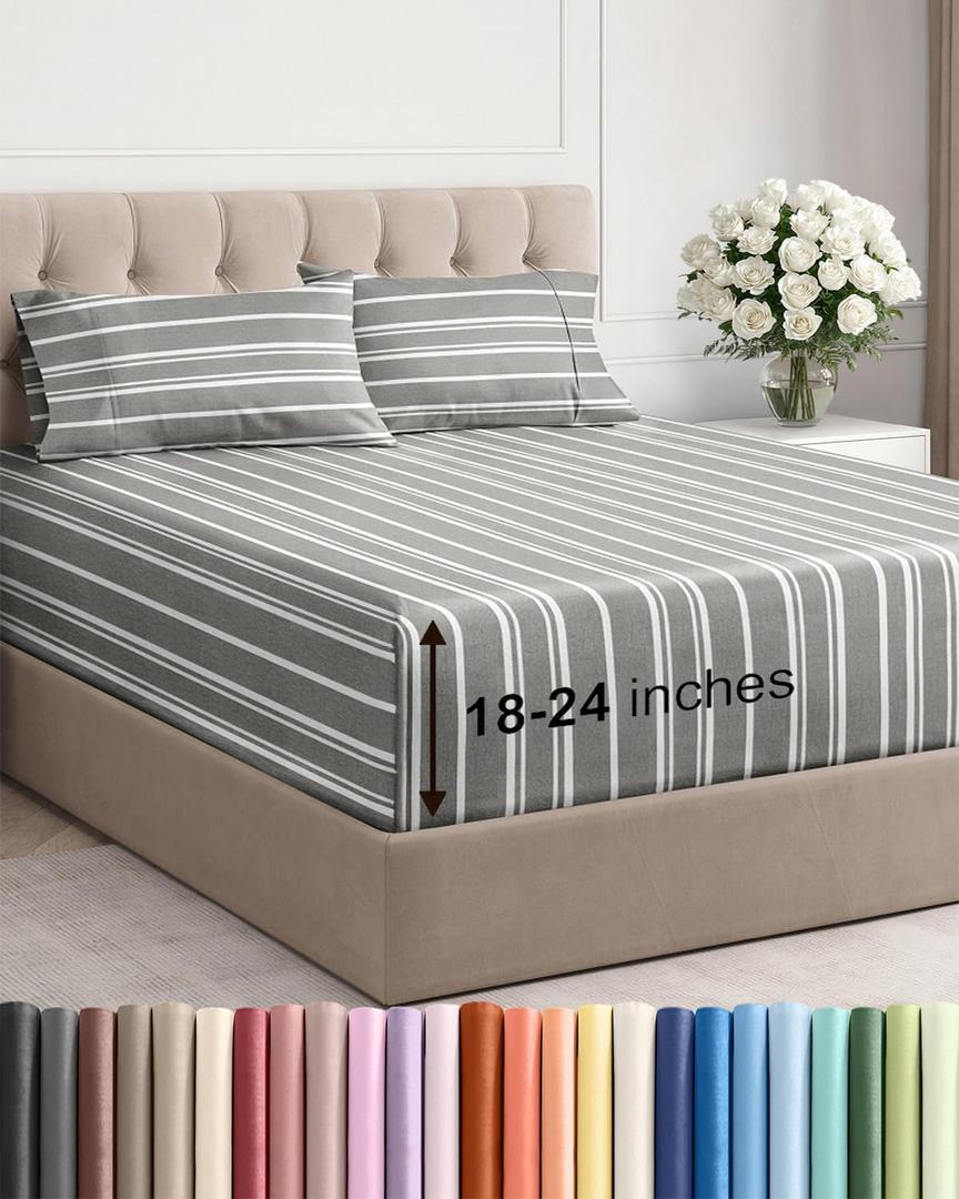 Extra Deep Pocket Queen Sheet Set - 4 Piece Breathable & Cooling Bed Sheets - Hotel Luxury Sheet Set - Ultra Soft, Wrinkle Free & Comfy - Fits Extra Deep Mattresses - Deep Pocket Grey Stripes 3 Sheets