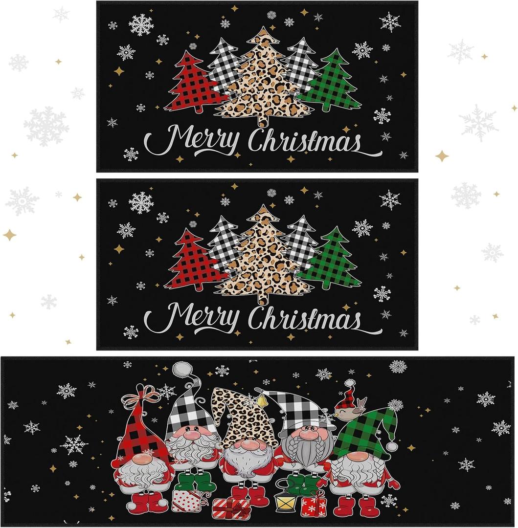 Tinideya 3 Pcs Christmas Kitchen Rug Set Christmas Non Slip Thick Kitchen Rug and Mat Stain Resistant Rustic Xmas Decorations Area Rug for Home Bathroom Kitchen Outdoor (Dark Color,Cute Style)