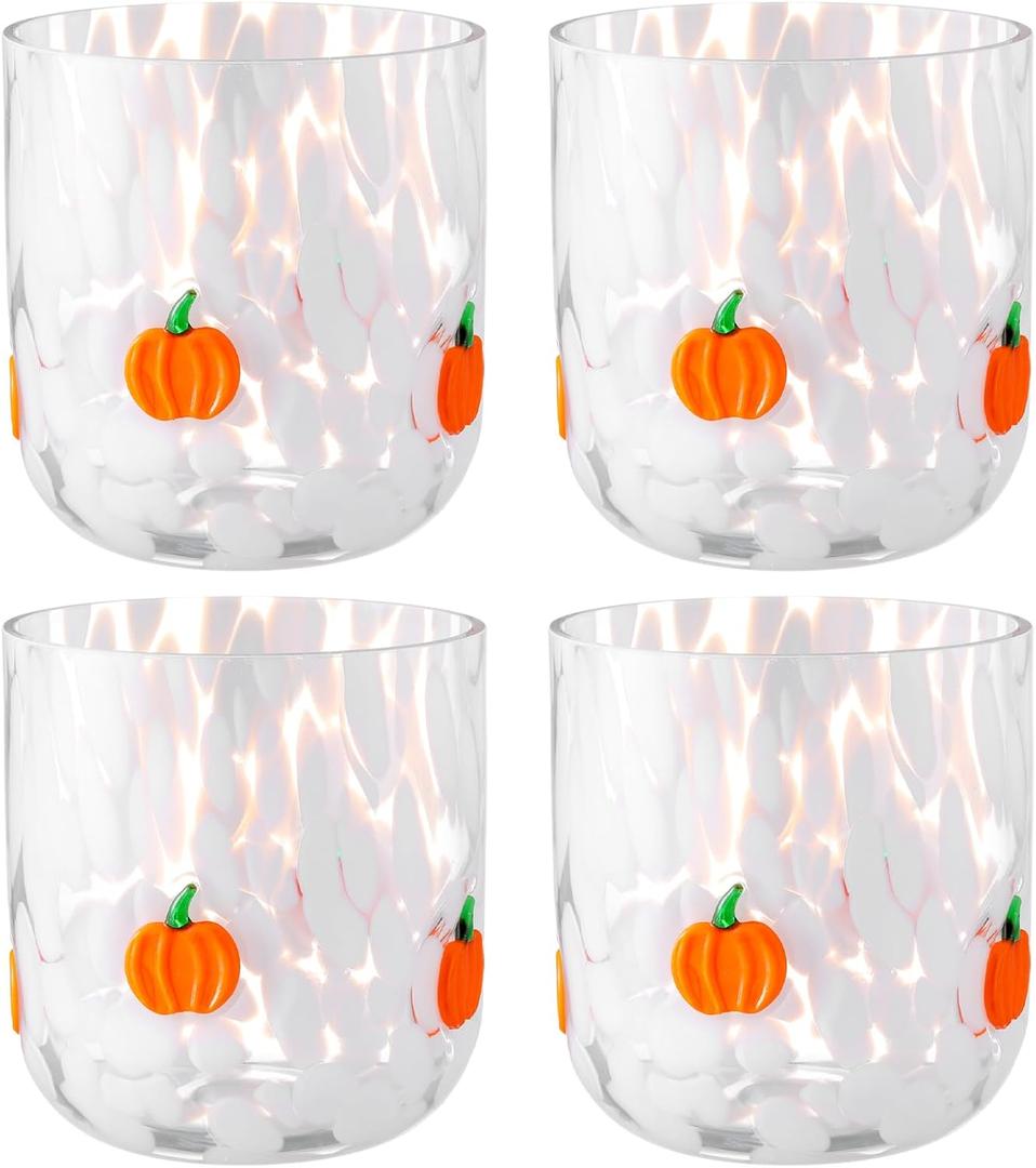 4 Pcs Thanksgiving Fall Icon Glass Cup 14 oz Icon Glass Cups Stemless Double Old Fashioned Blown Cocktail for Women Friends Lovely Halloween Gifts(Pumpkin)