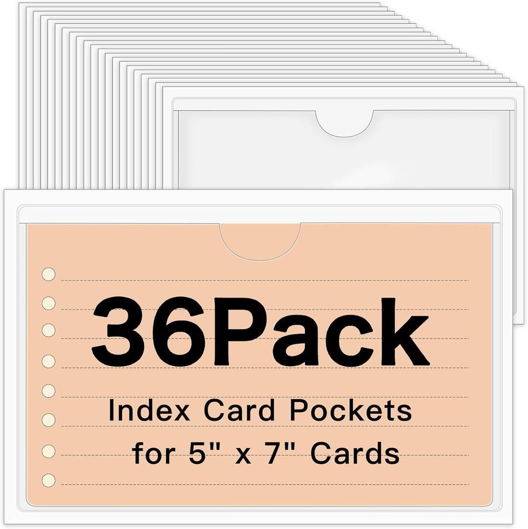 36 Pack Adhesive 5" x 7" Index Card Pockets with Top Open for Loading, Clear Plastic Labels Holders for Storage Bins Organizing Library Card Totes Shelves