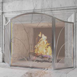Kingson 3-Panel Arched Fireplace Screen Decorative, Handcrafted Scroll Wrought Iron Fireplace Spark Guard Cover - Pewter Spotted