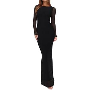 REORIA Women's Spring Mesh Sheer Long Sleeve Wedding Guest Dress Sexy Floral Bodycon Maxi Long Dresses, S