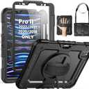 SEYMAC Case for iPad Pro 11 Case 4th/ 3rd/ 2nd/ 1st Gen (2022/2021/2020/2018), Full-Body Shockproof Protective Case with Screen Protector, 360 Rotating Stand and Hand/Shoulder Strap, Black