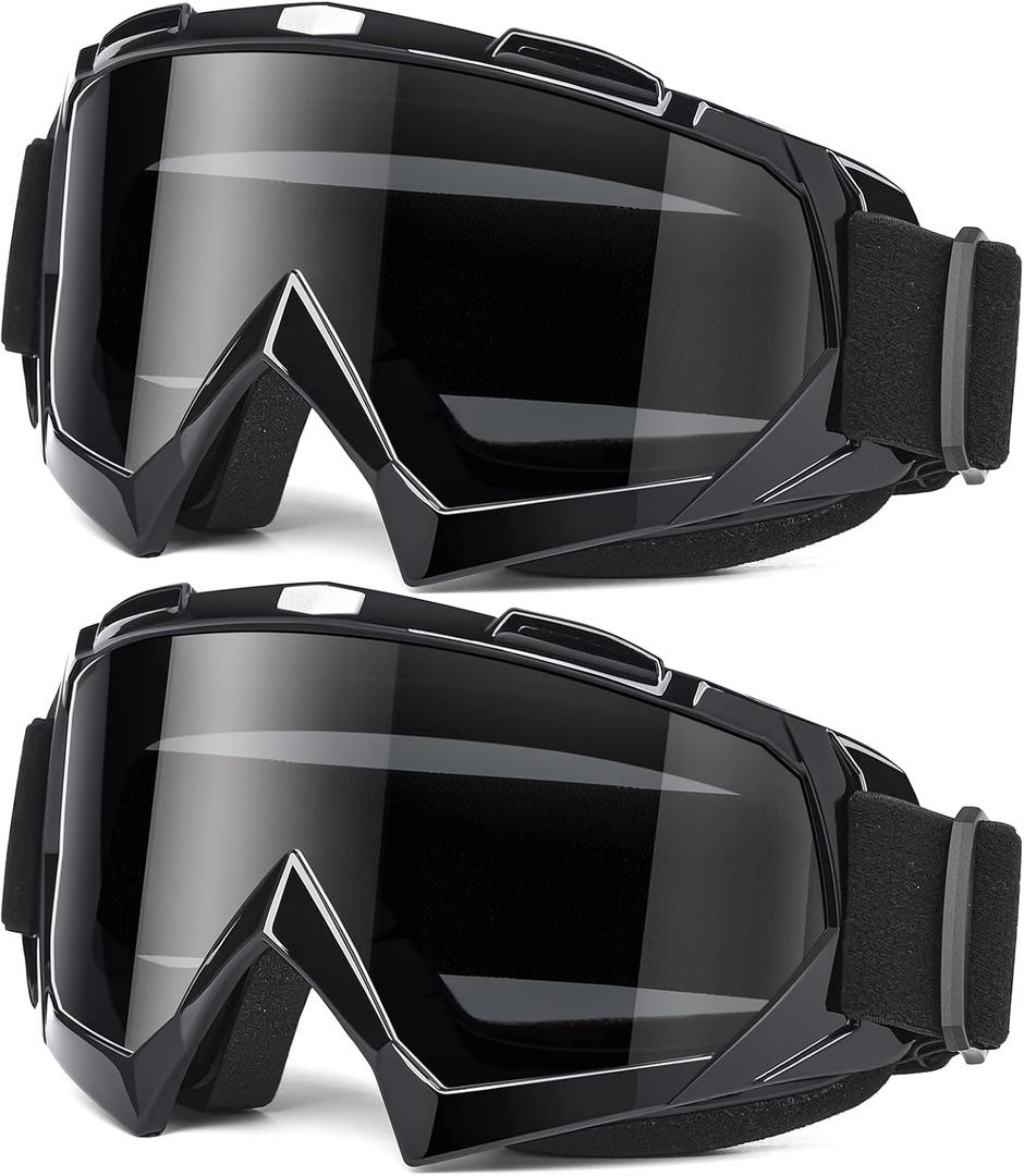 Adult Dirt Bike Goggles, 2-Pack ATV Motorcycle Goggles for Men & Women, Wide Vision Riding Off-Road Goggles (01.shiny Black Frame/Transparent Grey Lens  2)