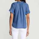 Womens Short Sleeve Ruffle Blouse V Neckline Ruffled Collar Shirt Casual Blue Top (Blue, L)