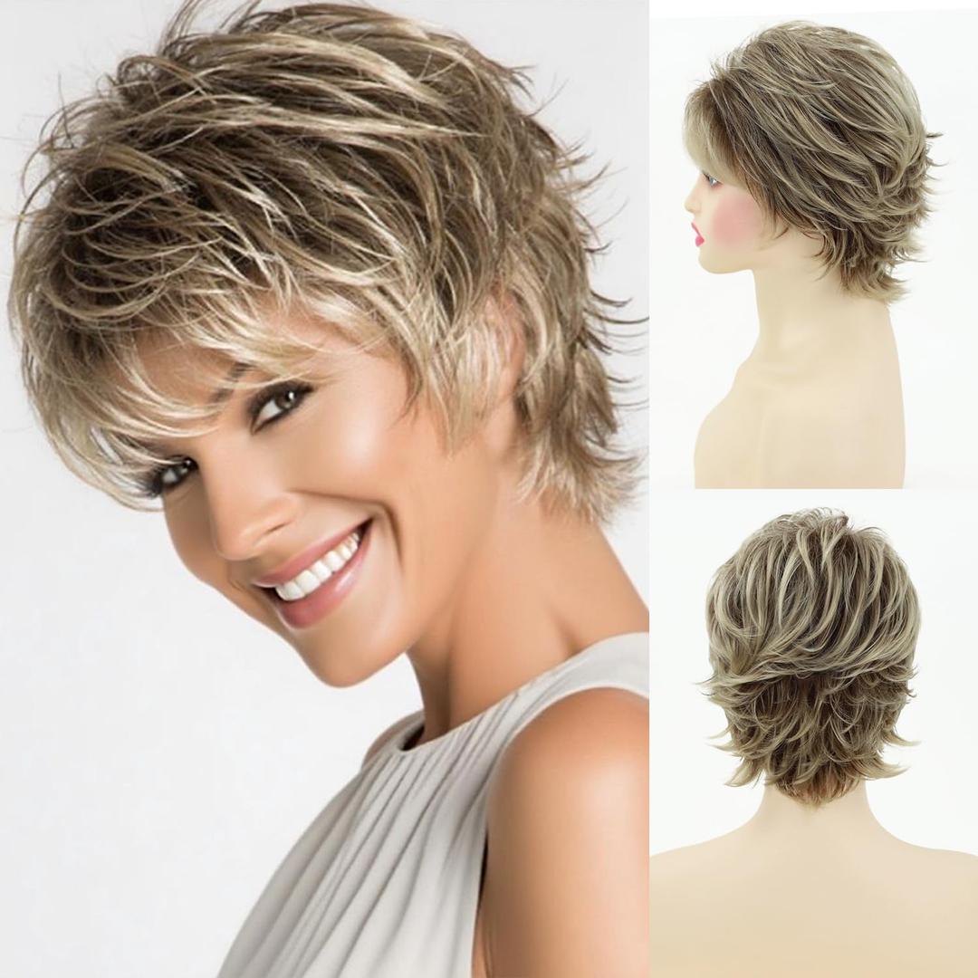 SEVENCOLORS Short Blonde Wigs for White Women Synthetic Hair Mixed Brown Wigs with Bangs Natural Layered Pixie Cut Wig for Women