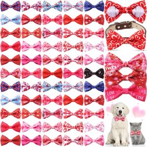 Sanwuta 60 Pcs Valentines Day Dog Collar Bow Ties Bulk Pink Heart Pet Bow Tie Pet Accessories Detachable Collar Charms for Small Medium Large Dogs Cat Grooming Supplies Costume