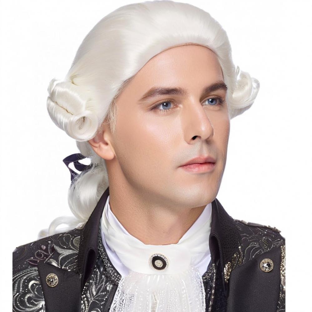 Men's Colonial Judge Wig Washington Costume 18th Century Gentleman Wig Historical Barrister Cosplay Wig for Halloween Christmas Party Aristocrat Court Costume Wig (White)