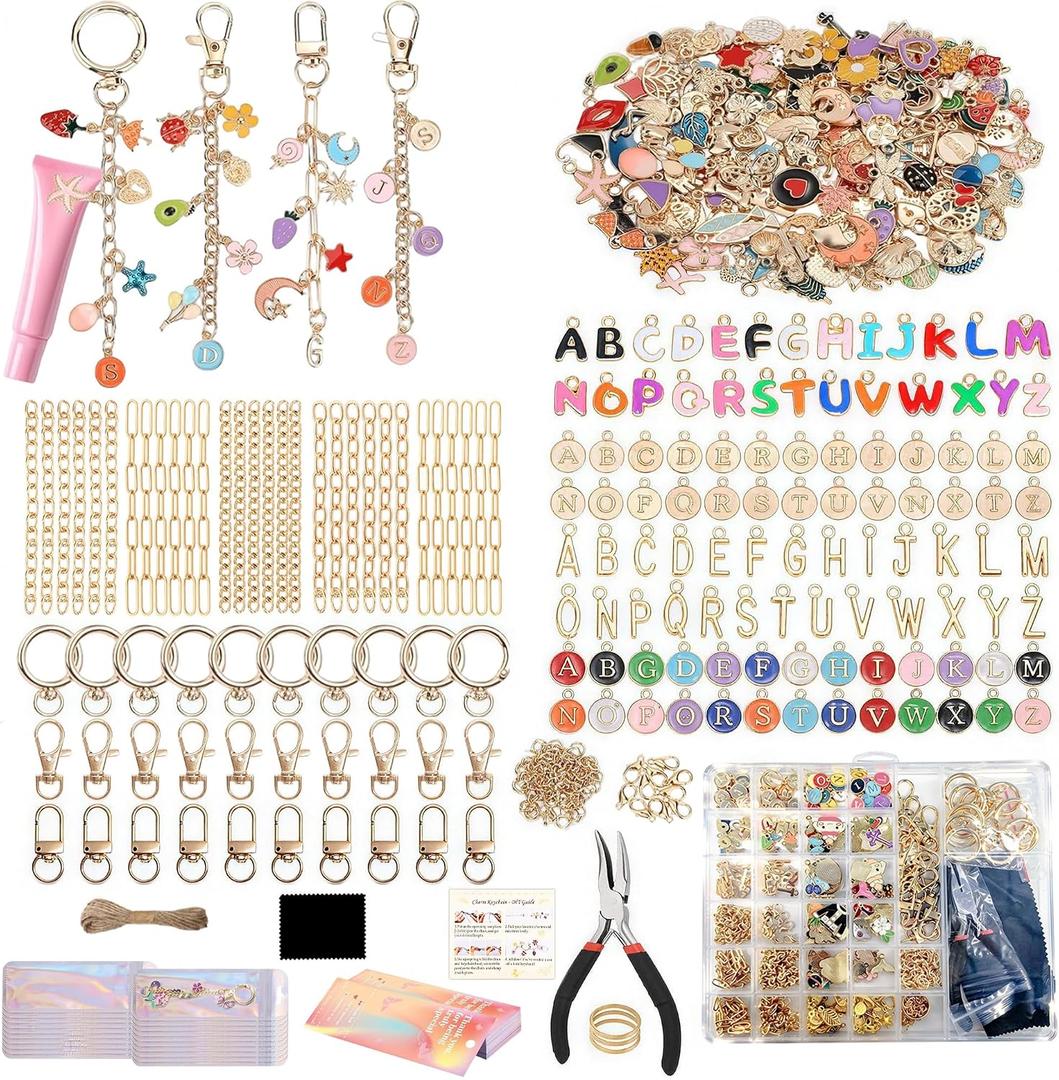 Lemosyu 563Pcs Lip Gloss Keychain Making Kit,DIY Craft Bag Charm Kit with Charms,Key Chains,Key Chain Hooks,Jump Rings,Lobster Claw Clasps,Gift Bags&Tools,Jewelry Making Supplies for Valentines Gifts