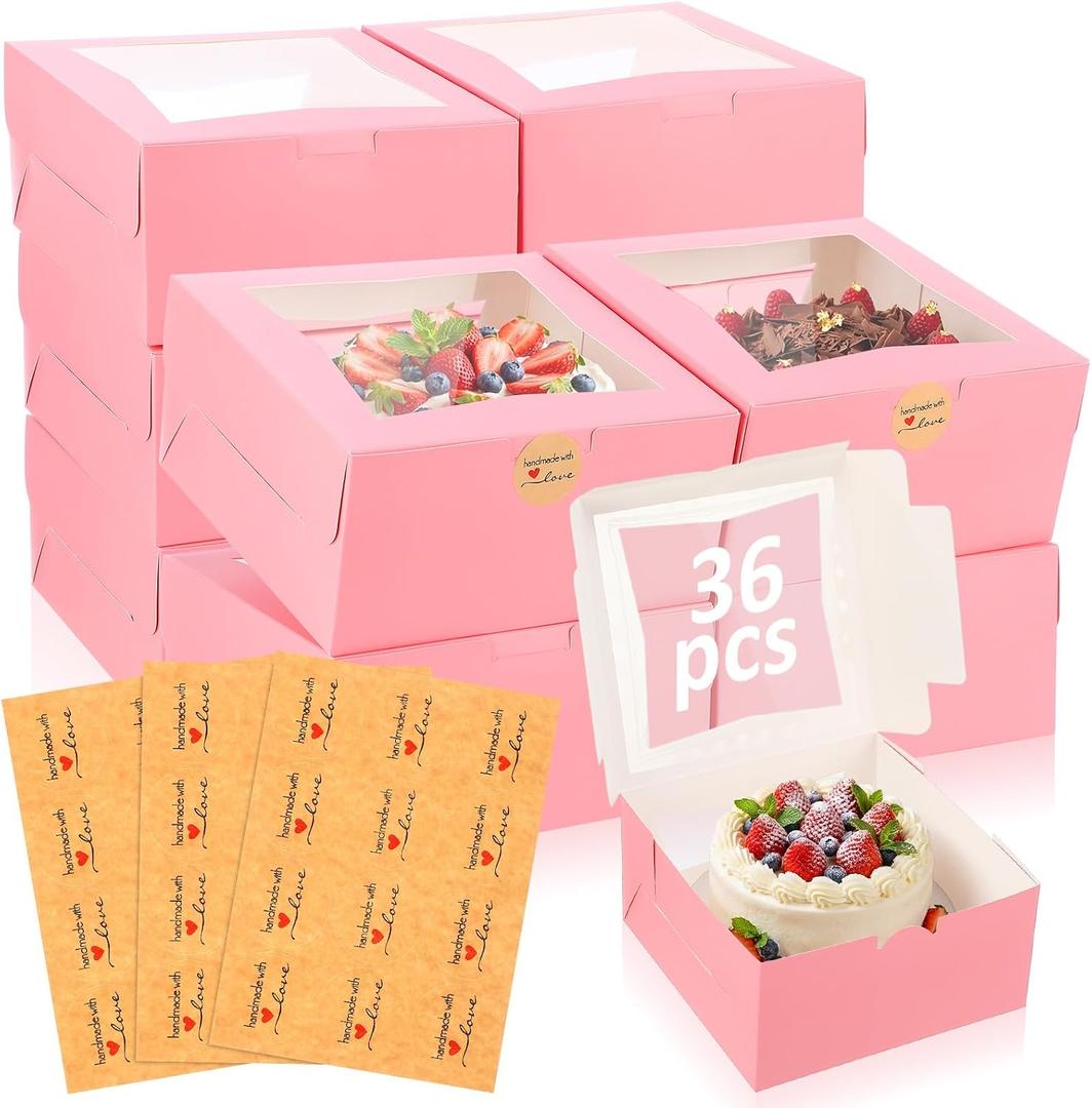Zhanmai 36 Pcs Cake Boxes with Window 8 x 8 x 4 Inch Mother's Day Bakery Boxes Cookie Box Pastry Box with Stickers for Cupcake Donuts Pie Dessert Muffins Pastry Wedding Birthday Party(Pink)