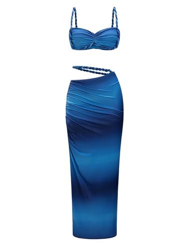 Women's Two Piece Skirt Sets Summer Beach Sexy Ruched Backless Cami Top and Cut Out Skirt Night Out Dress Blue, XL