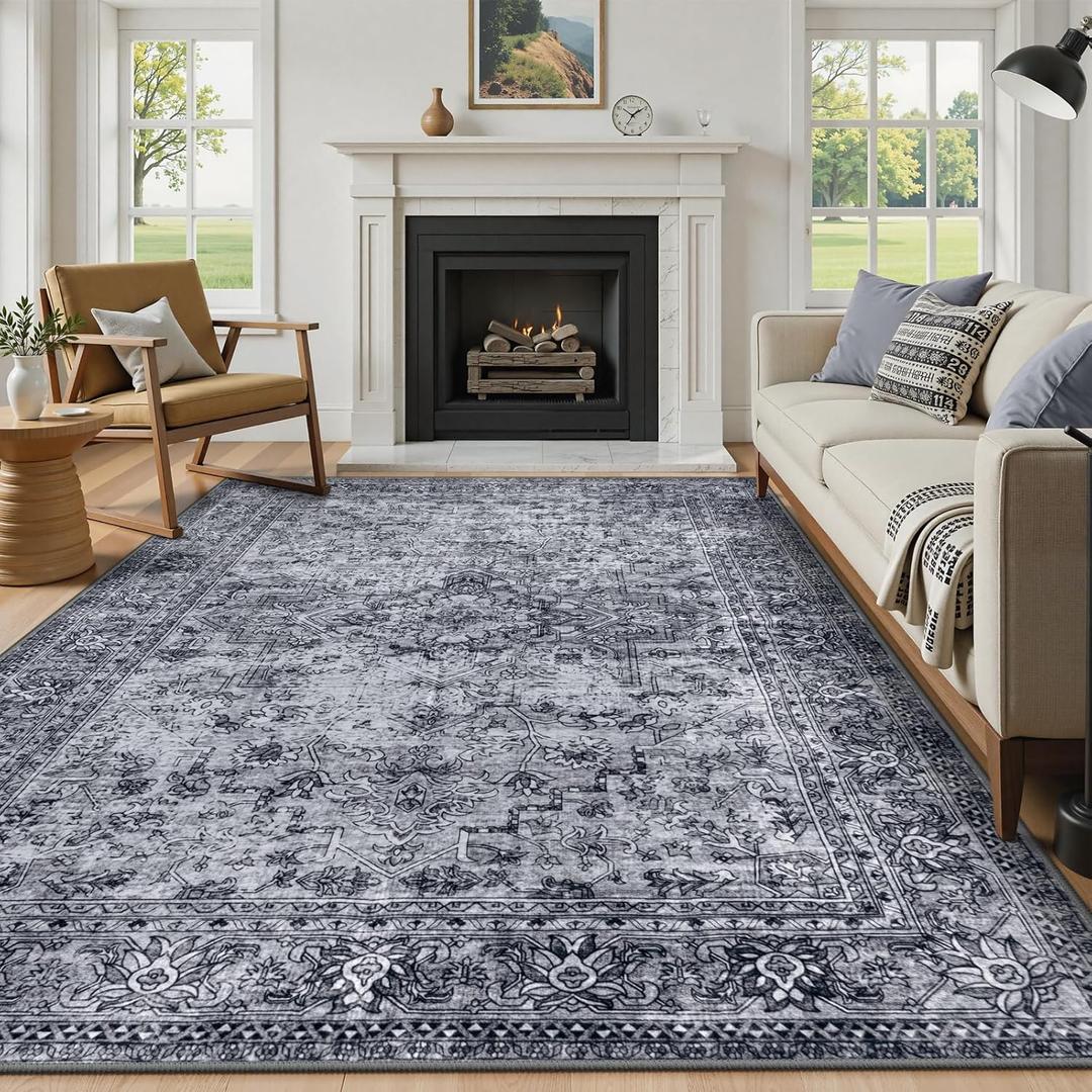 Lahome Black Area Rug 6x9, Soft 6x9 Washable Rug for Living Room Bedroom, Vintage Non Slip Ultra-Thin Stain Resistance Large Retro Throw Carpet for Dining Room Home Office, Black