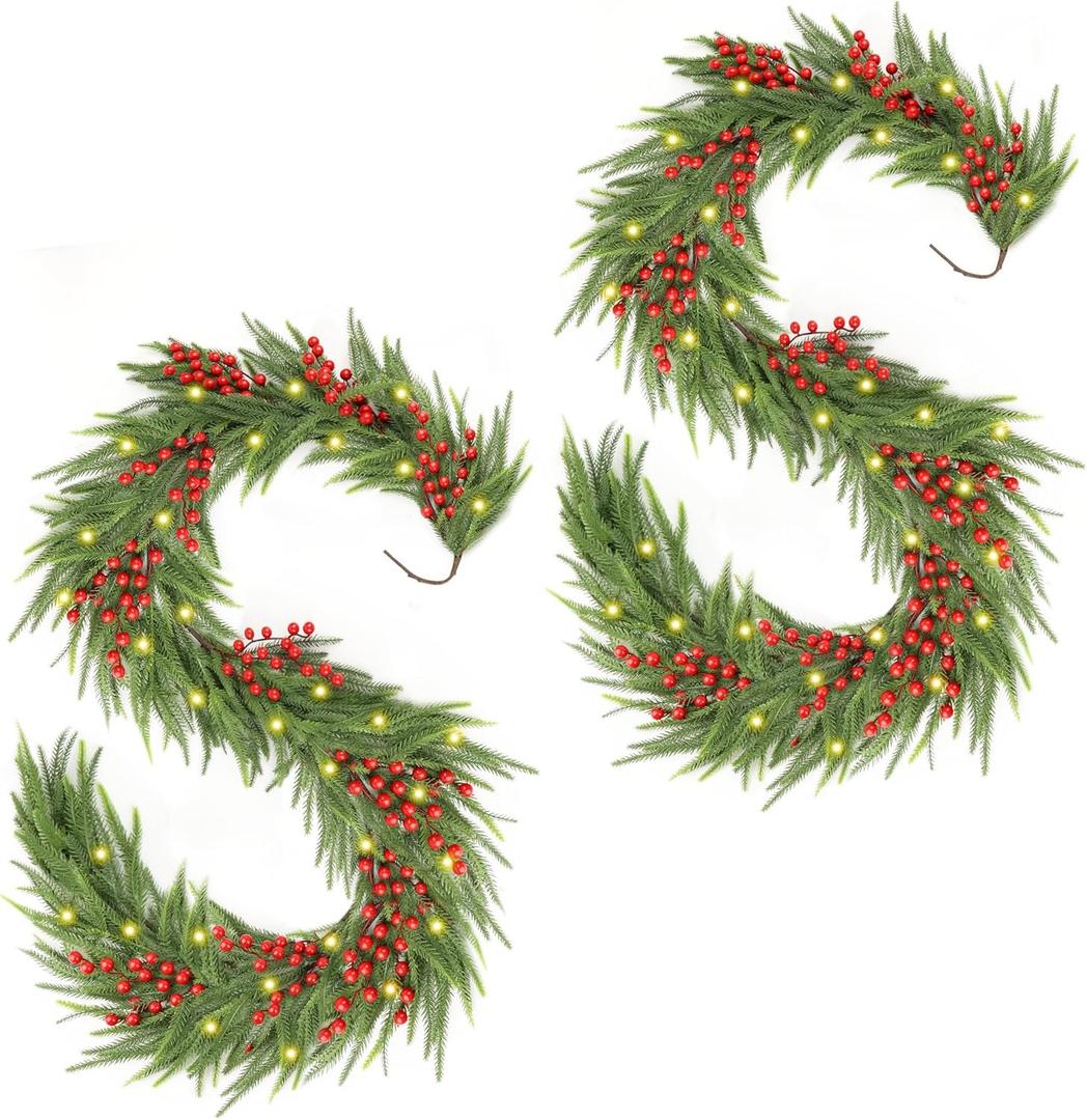 Christmas Norfolk Pine Garland 6FT Set of 2, Real Touch Faux Winter Greenery Garland with Light for Stairs Table Fireplace Backdrop Wall, Christmas Holiday Seasonal Winter Decor