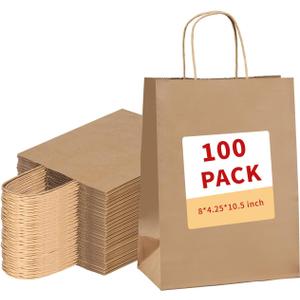 vanhel 100 Pack Brown Paper Bags with Handles,8x4.25x10.5 Inches,Gift Bags Medium Size,Gifts Bag Bulk for Festival,Birthday, Favor,Party,Shopping,Retail Merchandise