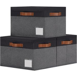 GhvyenntteS Extra Large Storage Bins with Lids, Foldable Fabric Storage Boxes with Lids and Handles, Storage Baskets with Lid and Label for Home Office (3 Pack, Grey&Black, 15.75" x 11.8" x 10.2")