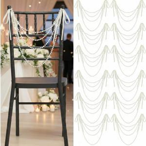 Wonderjune 64 Pcs Wedding Pearl Bow Chair Decor Satin Ribbon Bows with Pearl Beaded String Garland Aisle Chair Sashes Decorations for Ceremony Coquette Party Banquet Decor (Ivory)
