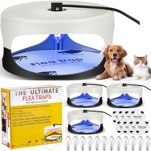 Qualirey 4 Packs Flea Traps for Inside Your Home with 8 Sticky Disc 12 Bulbs 4 Electric Wires, Pest Insects Killer Bed Bug with Light for Indoor Safe to Pets(Round Flea Trap,Black, White)