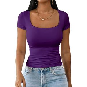 Dwnval Womens Summer Sexy Short Sleeve Square Neck Double Lined Basic Slim Fit Crop T Shirt (Dark Purple, XL)