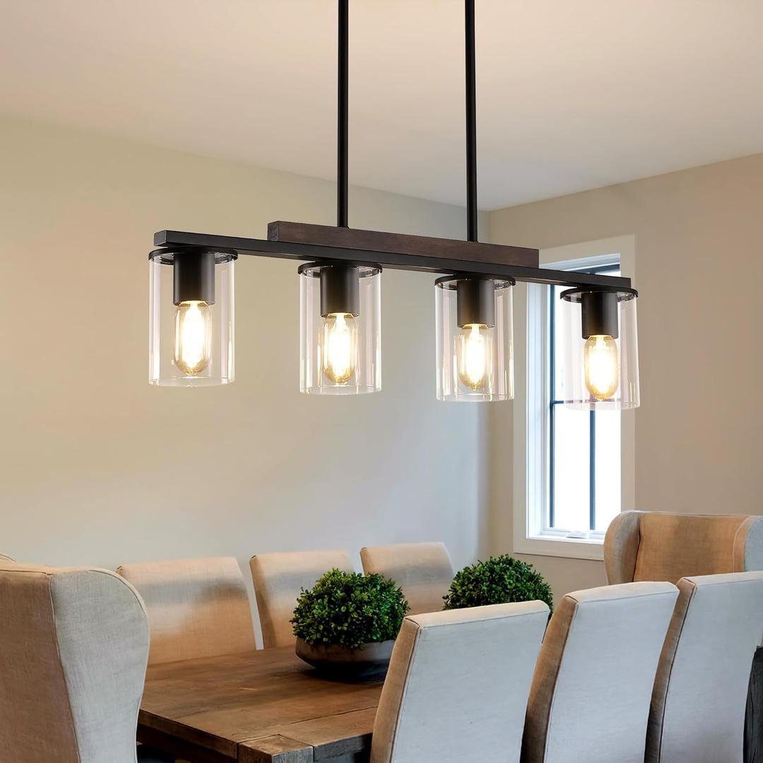 Farmhouse Dining Room Light Fixtures Over Table, Black Pendant Lights for Kitchen Island, 4 Light Linear Chandelier Lighting with Wood (Clear Glass Shade)