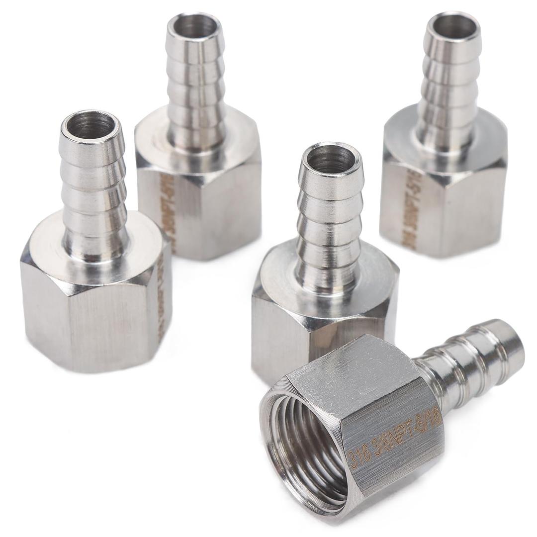 LTWFITTING Bar Production Stainless Steel 316 Barb Fitting Coupler 5/16" Hose ID x 3/8" Female NPT Air Fuel Water (Pack of 5)