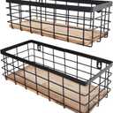 Metal Wire Basket Detachable Wood Base Storage Organizer Farmhouse Small Bins for Kitchen Cabinets, Bathroom, Pantry, Laundry Room, Closets Set of 2,Black Color