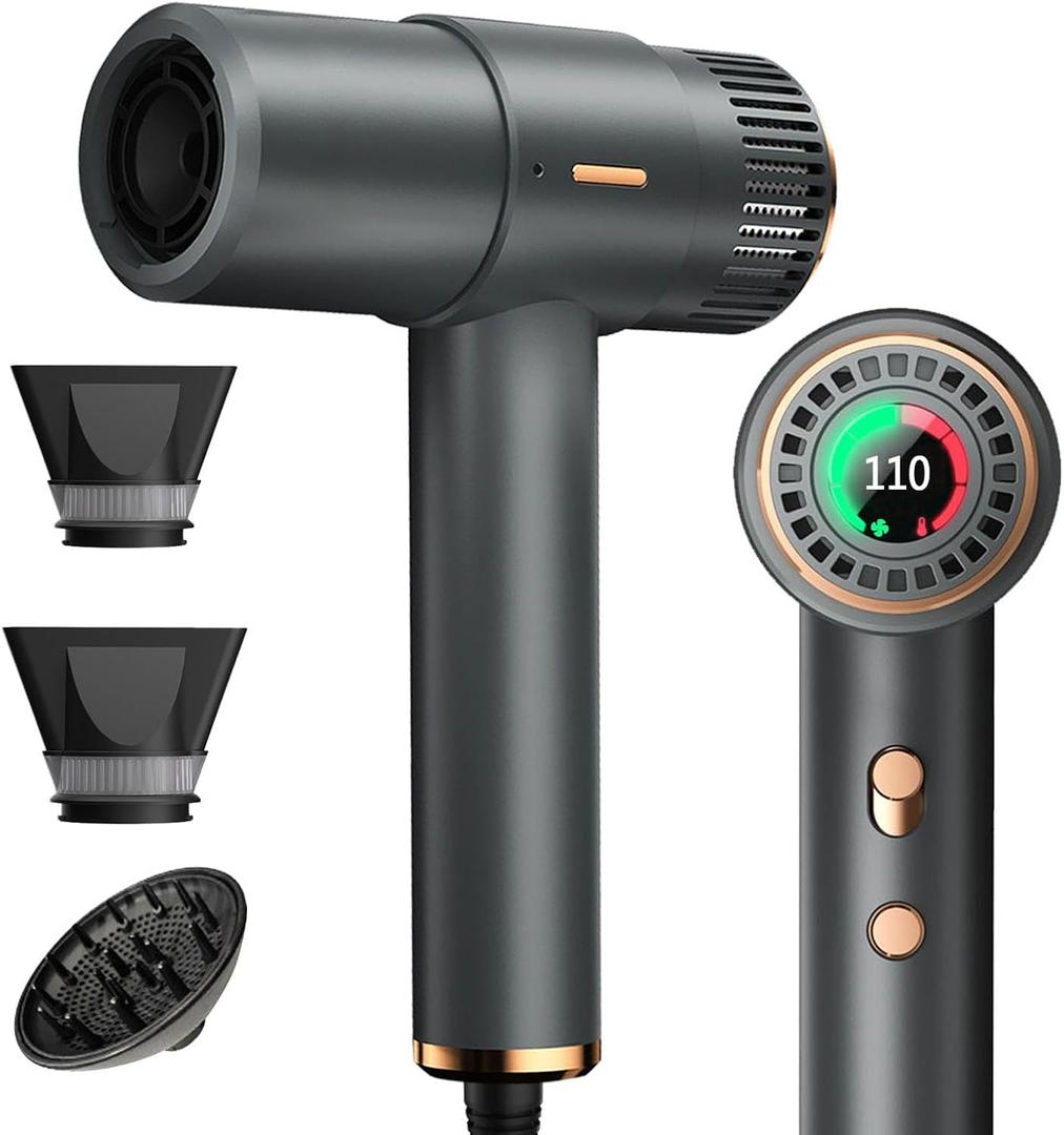 Hair Dryer, 110,000RPM High Speed Blow Dryer, 200 Millions Ionic Hairdryer with HD Display, 2000W Professional Hair Dryers with Diffuser and Nozzle, 4 Temps and 3 Speeds (Gray)