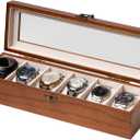 Exper City Watch Box, Watch Case for Men Women with Large Glass Lid, Wooden Watch Display Storage Box with 6  Slots, Classic Walnut Mens Watch Box Organizer