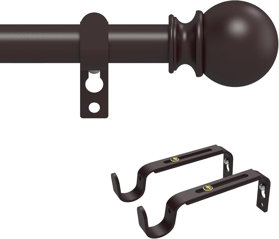 Curtain Rods for Windows 48 to 84 Inch, Max 90 Inch, 5/8 Inch Heavy Duty Decorative Curtain Rod with Ball End Caps, Adjustable Brackets Brown.