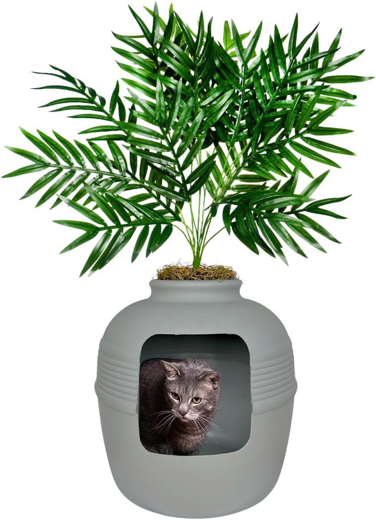 Good Pet Stuff Hidden Cat Litter Box Enclosure with Artificial Plant, Decorative Round Planter, Vented Carbon Charcoal Filter for Odor Control, Easy-to-Clean, Made in USA, Base Kit, Gray