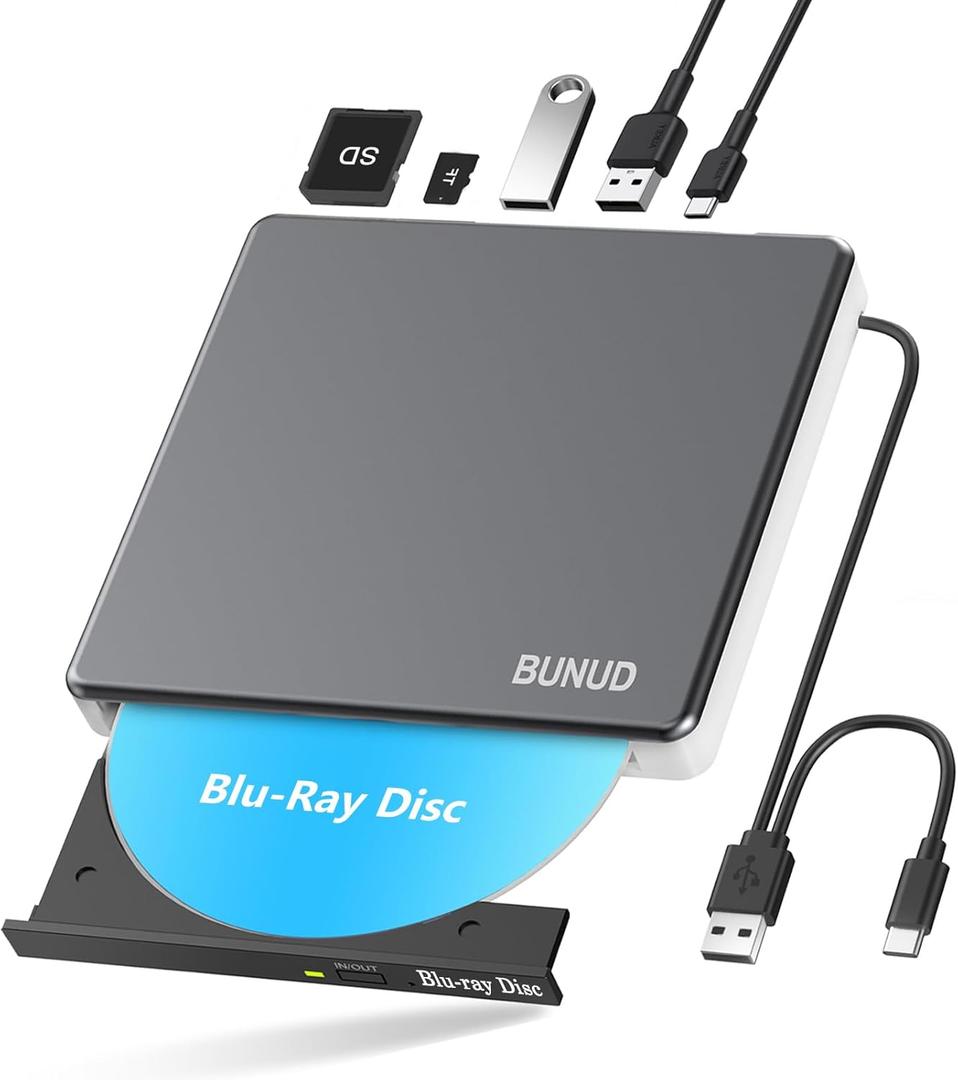 External Blu Ray CD DVD Drive, USB 3.0 Type C Blu ray Burner BD Player Read/Write Portable Bluray Drive Slim Optical Blue Ray CD DVD Reader for Laptop PC Windows 11 MacBook Pro Air Desktop Linux OS (Grey)
