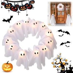 Light-Up Halloween Ghost Wreath, 12 Glowing White Spooky Halloween Wreaths for Front Door, Outdoor & Indoor Hanging Decoration for Wall Door, Halloweens Decor