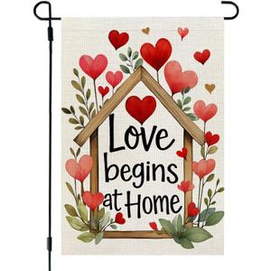 3 x CROWNED BEAUTY Valentines Day Garden Flag Love Begins at Home 12x18 Inch Double Sided Hearts Floral Welcome Decoration for Outside Yard