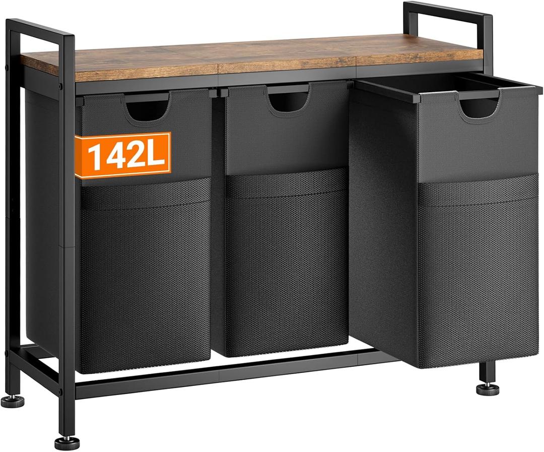 Lulive Laundry Hamper, Laundry Basket Organizer with 3 Pull-Out Removable Bags & Large Top Shelf, 3  12.5 Gal (142L) Freestanding Laundry Sorter 3 Sections for Laundry Room, Bathroom and Dorm