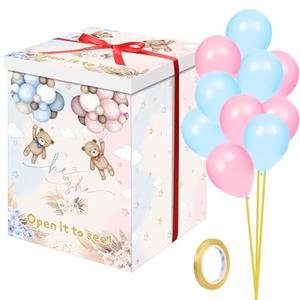 Hungdao Gender Reveal Balloon Box with Ribbon and 10 Pink and Blue Balloons Gender Reveal Games He or She Open to See for Party Decoration 12"x12"x16"(Boho Bear)