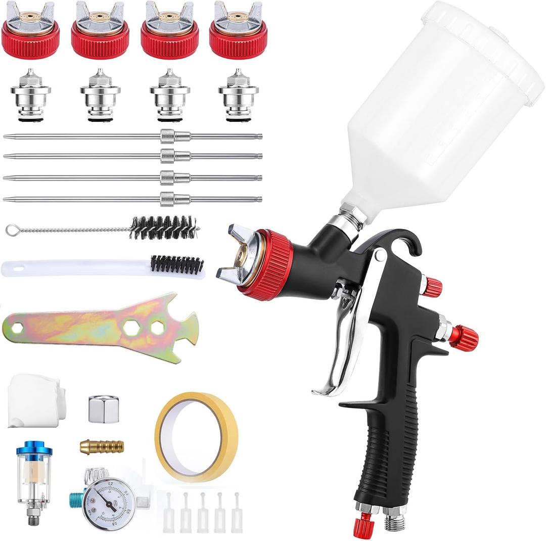 R500 LVLP Air Spray Gun Premium Kit, Automotive Paint Spray Gun with 1.3/1.5/1.7/2mm Nozzles & 18 Pcs Paint Sprayer Accessories for Car Automotive Furniture House Painting
