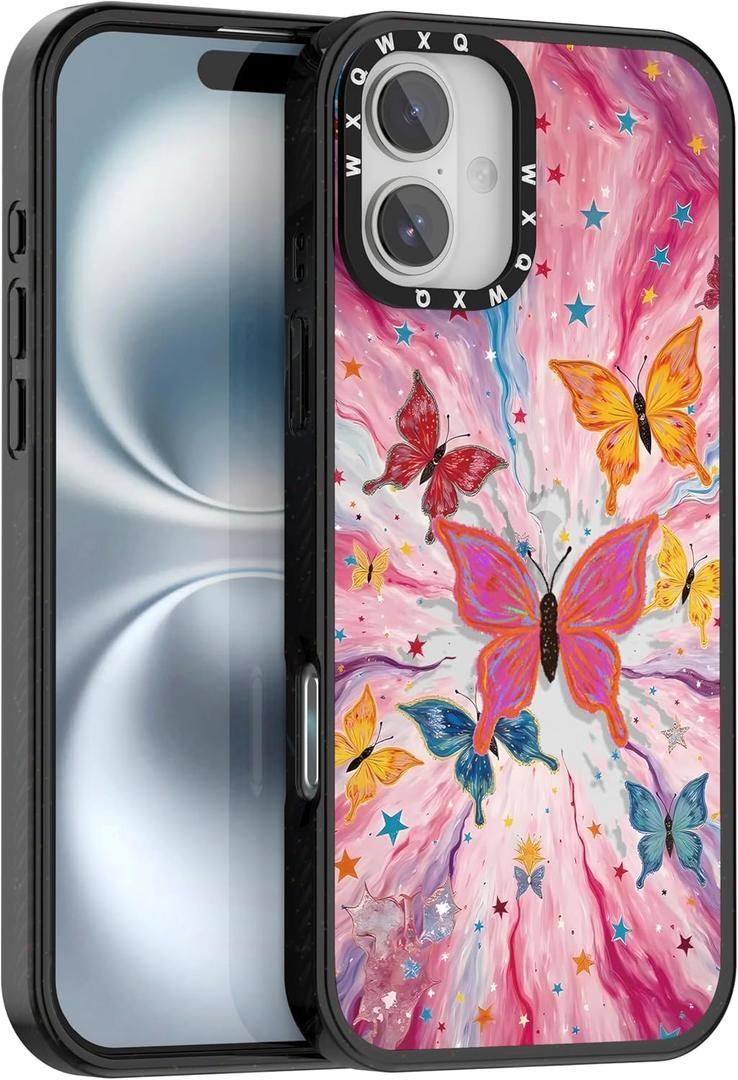 for iPhone 16 Plus Case TPU+PC Premium Colorful Drop Protection Case Excellent Shock Absorption Military Grade Drop Protection Pink Butterfly Starburst Phone Case
