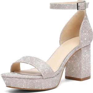 Putu Women's Rhinestone Heeled Sandals Glitter Chunky Heeled Sandals Open Toe Dressy Sandals for Wedding,Prom,Event, Size 8.5