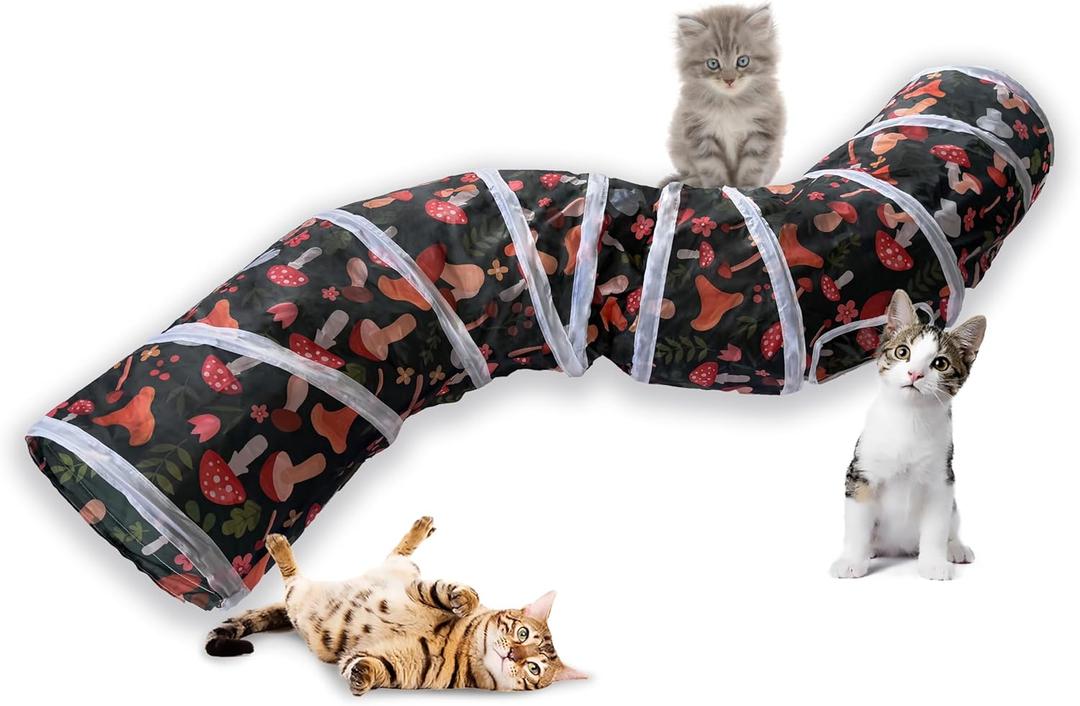 Sheldamy Cat Tunnel, S-2-Way Cat Tunnels for Indoor Cats, Collapsible Cat Play Tunnel, Interactive Toy Maze Cat House for Cats, Puppy, Kitty, Kitten, Rabbit, Mushroom, 50"L x 9.8"W x 9.8"H