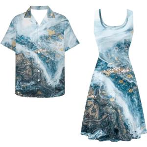 Dreaweet Summer Dresses for Women A-Line Sleeveless Flowy Sun Dresses,Men's Casual Button-Down Shirts,Couple Matching Outfits (Blue, M)