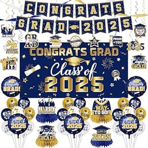 2025 Graduation Decorations-Class of 2025 Decorations Set with Congrats Grad Backdrop, Banner, Honeycomb Centerpiece and Balloons for Blue Gold Graduation Party Supplies