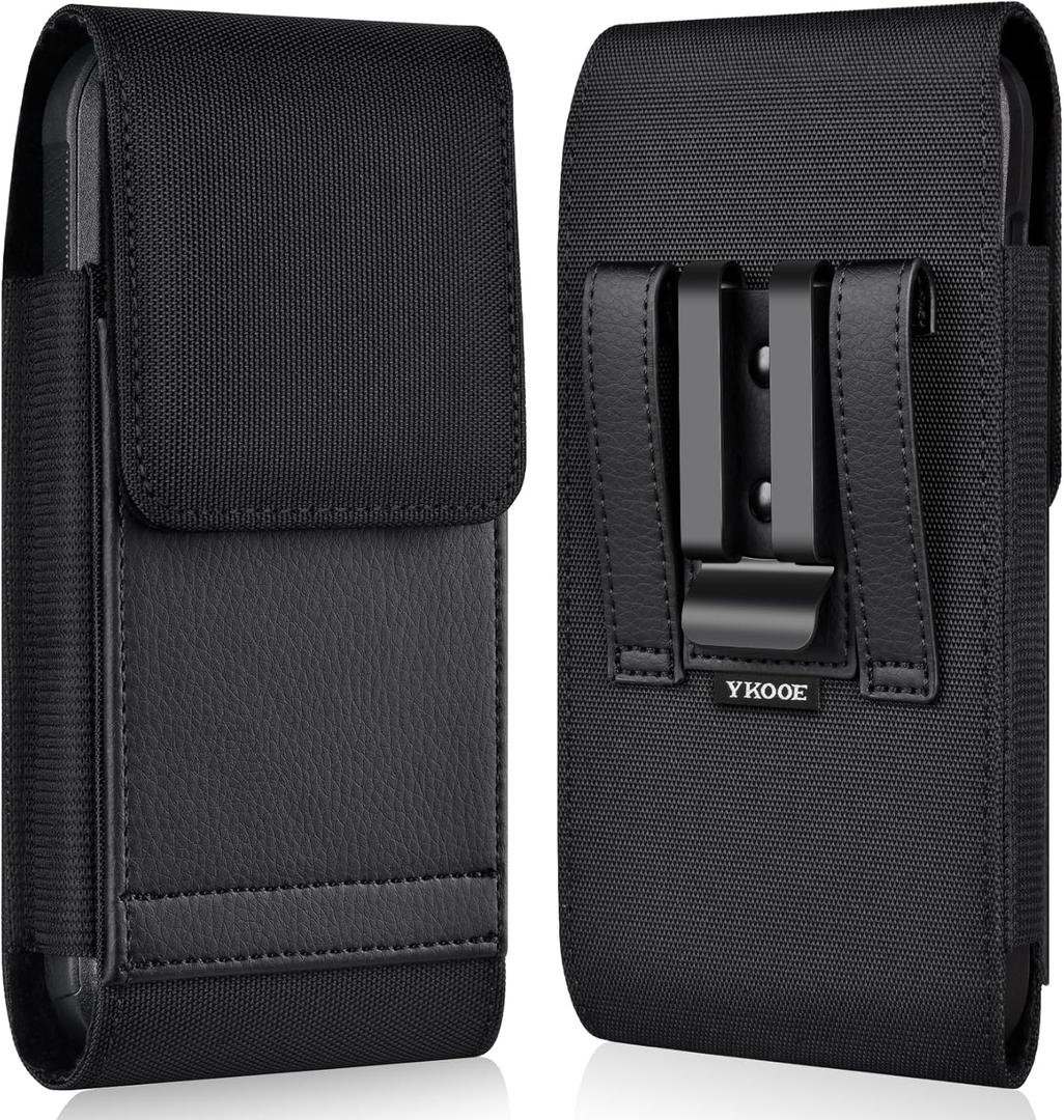 Ykooe Holster Compatible with iPhone 16 15 14 13 12 Pro Galaxy S25 S24 S23 S22 S21 S20, Nylon Cell Phone Belt Holder Case with Clip and Leather Card Pouch for Men, Black -M