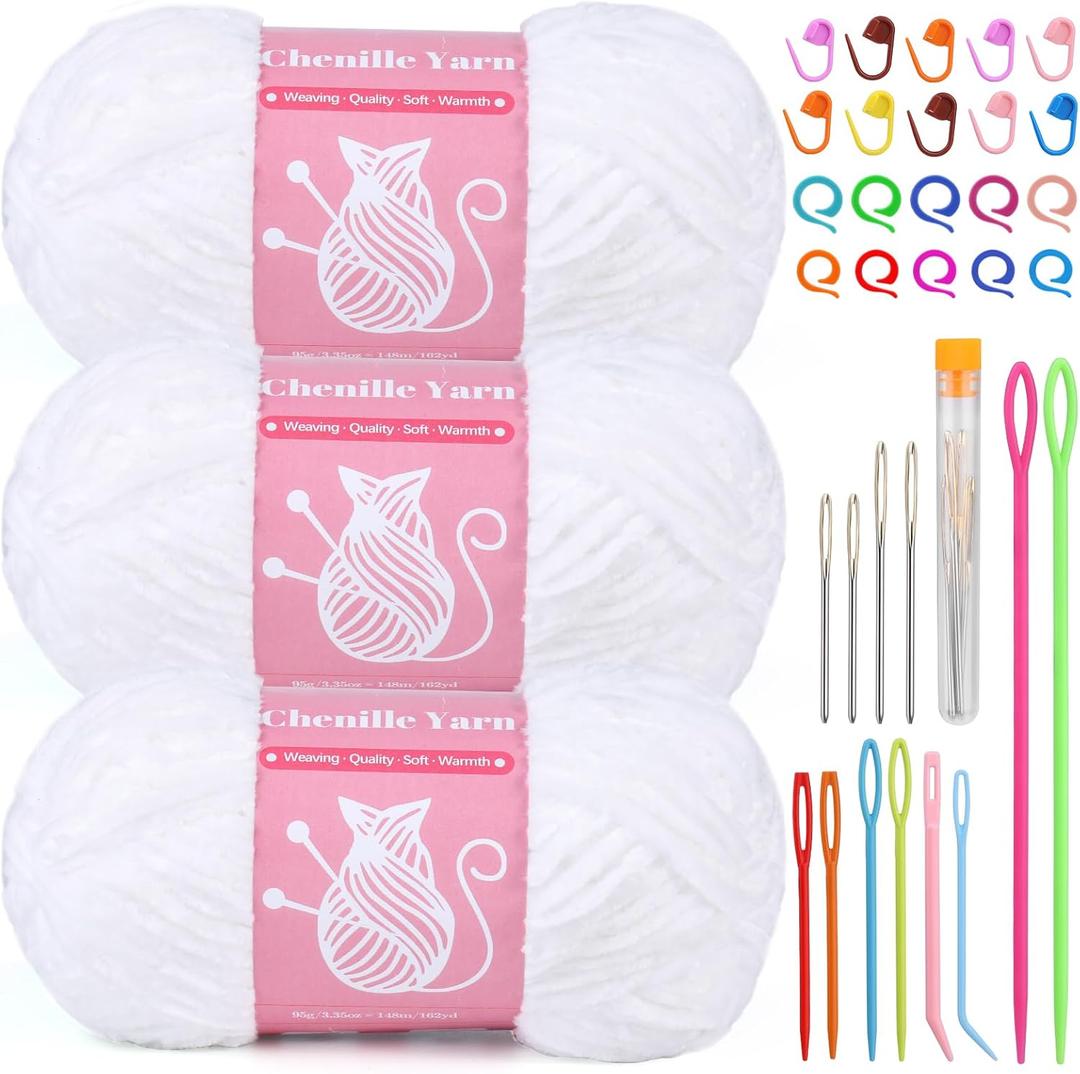 LUNARM Chenille Velvet Yarn for Crocheting Knitting, 3 Pack of 100g/3.5oz Velvet Yarn for Crocheting & Knitting, 486 Yard Soft Yarn for Making Creations & Crochet & More (White)