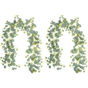 2Pcs Artificial Eucalyptus Garland 6.5FT Faux Silver Dollar Leaf Greenery Vine for Wedding Arch, Table Centerpiece, Fireplace Mantel, Wall and Party Decor