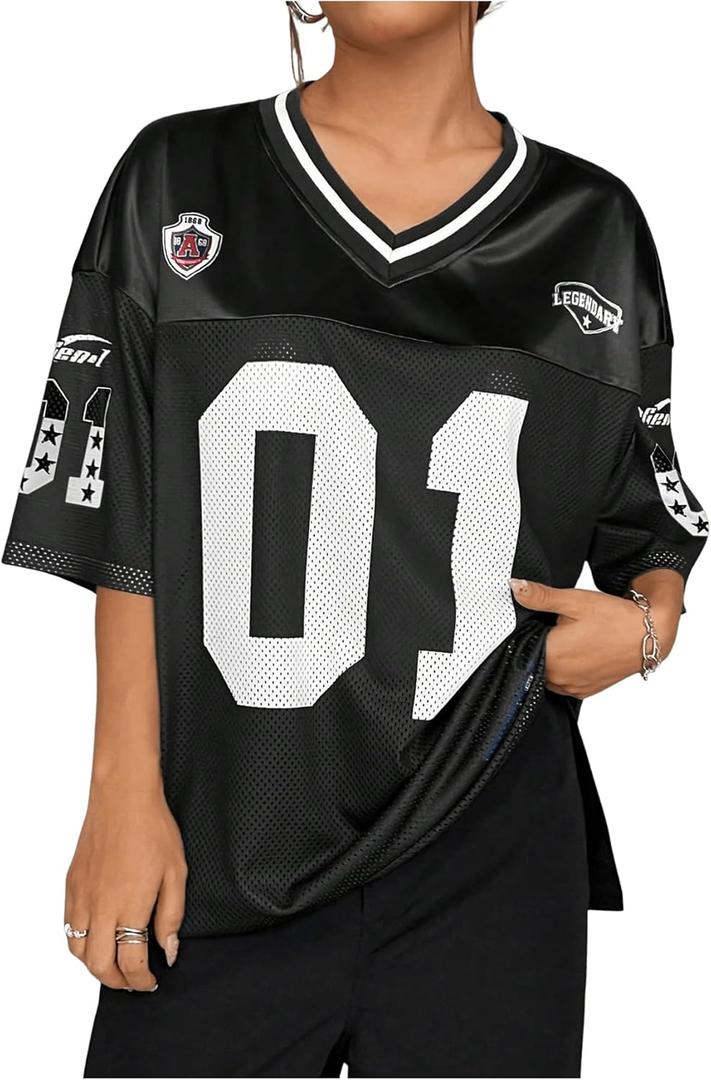 SOLY HUX Jersey Shirts for Women Y2k Graphic Number Oversized Tees V Neck Half Sleeve Cute Soccer Streetwear T Shirt Tops (Medium)