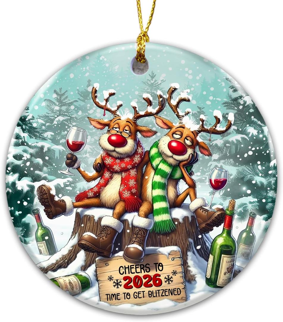 3 x Funny Christmas Ornament 2025, Friend Ornament  Cheers to 2026 Time to Get Blitzened Party Ornament  Humorous Tree Decoration for Adults, Friends, Holiday Parties, White Elephant Gift