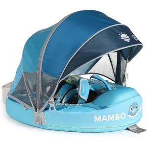 Mambobaby Float Upgrade Add Tail Baby Float with Canopy for Infant Waist Swimming Ring Swim Trainer Non-Inflatable Floats Toys with Adjustable Safety Strap (Blue - Dinosaur)