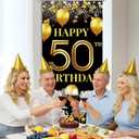Vicycaty 50th Birthday Decorations for Men & Women, Fabric Happy 50th Birthday Banner Backdrop, 50 Year Old Party Photo Props, Yard Sign, Welcome Door Decor Supplies, Black Gold, Indoor Outdoor Use