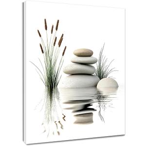 EOBTAIN Zen Wall Art for Bathroom Zen Stone with Green Wild Grass in Water Nature Canvas Wall Art for Bedroom Living Room Spiritual Relaxing Canvas Paintings Spa Yoga Office Wall Decor,16x20 Inch
