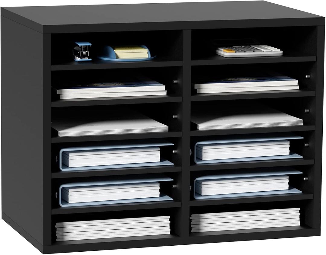 VEVOR Literature Organizers, 12 Compartments Office Mailbox with Adjustable ShelvesWood Literature sorter 20.4x12x16.1 inches for Office, Home, Classroom, Mailrooms Organization, EPA Certified Black