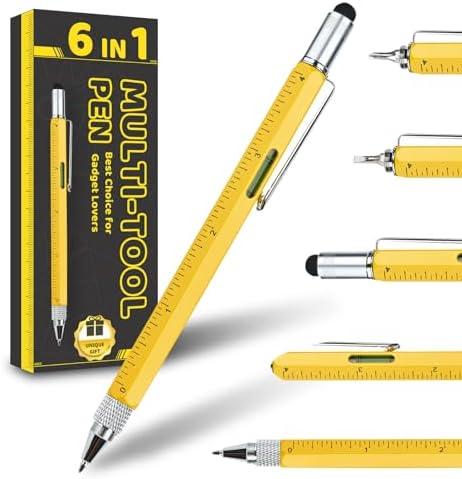 Men Valentines Day Gifts for Him Boyfriend Husband, Cool Gadgets Tools 6 in 1 Multitool Pen with Stylus, Level, Rulers, Screwdrivers, Father's Day Birthday Gift for Dad(Yellow) Pack of 9